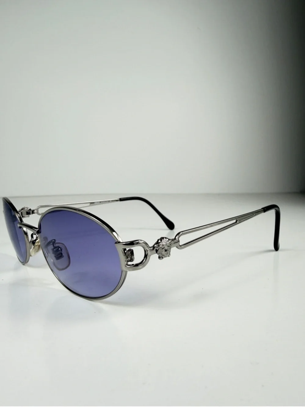 90s Vtg Versace H68 Silver Oval Medusa Sunglasses Custom Purple Lenses Full Set